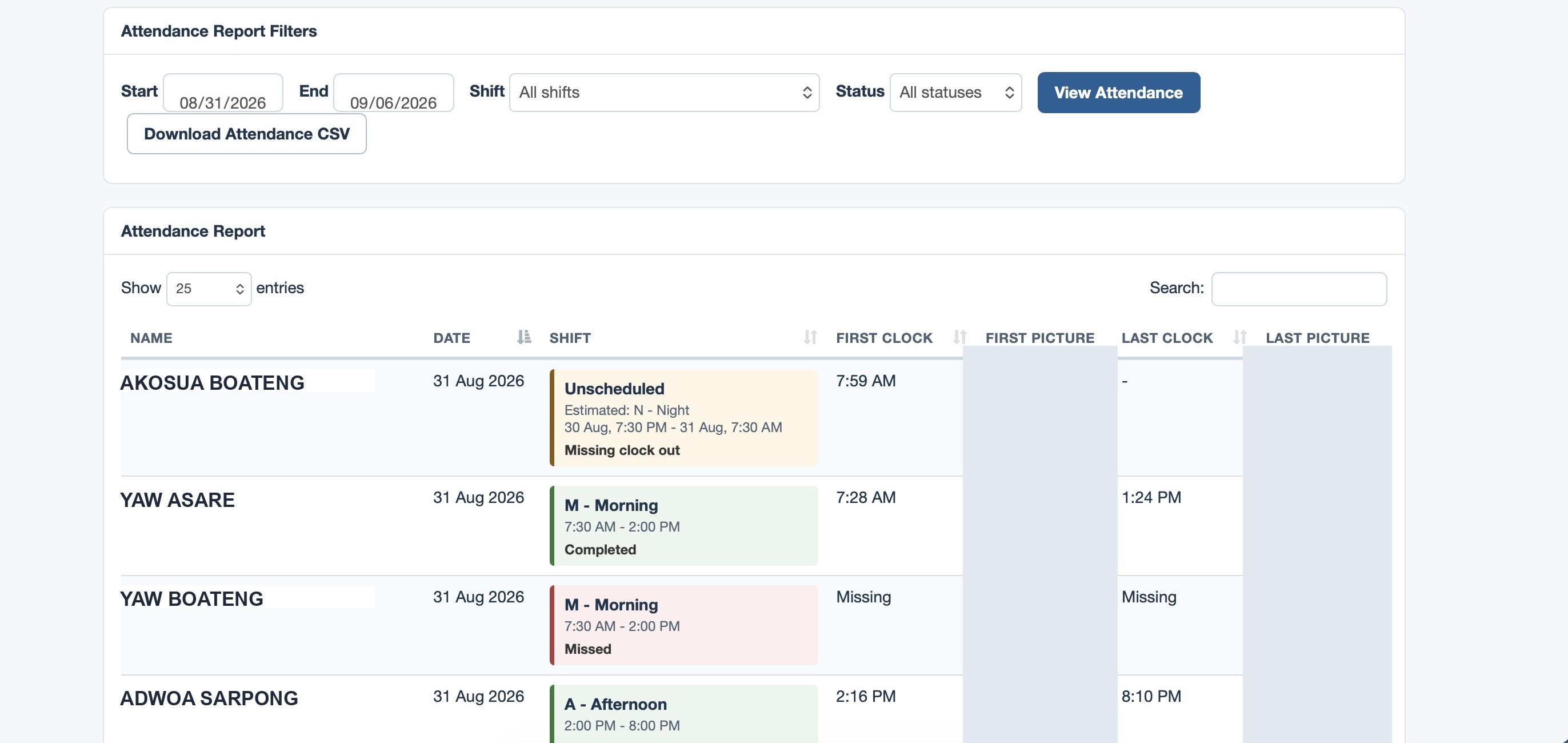 Aseda Clock In attendance report filters and table