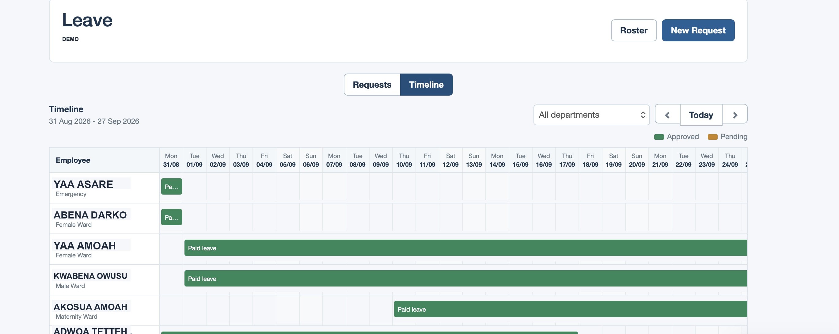 Aseda Clock In leave timeline view
