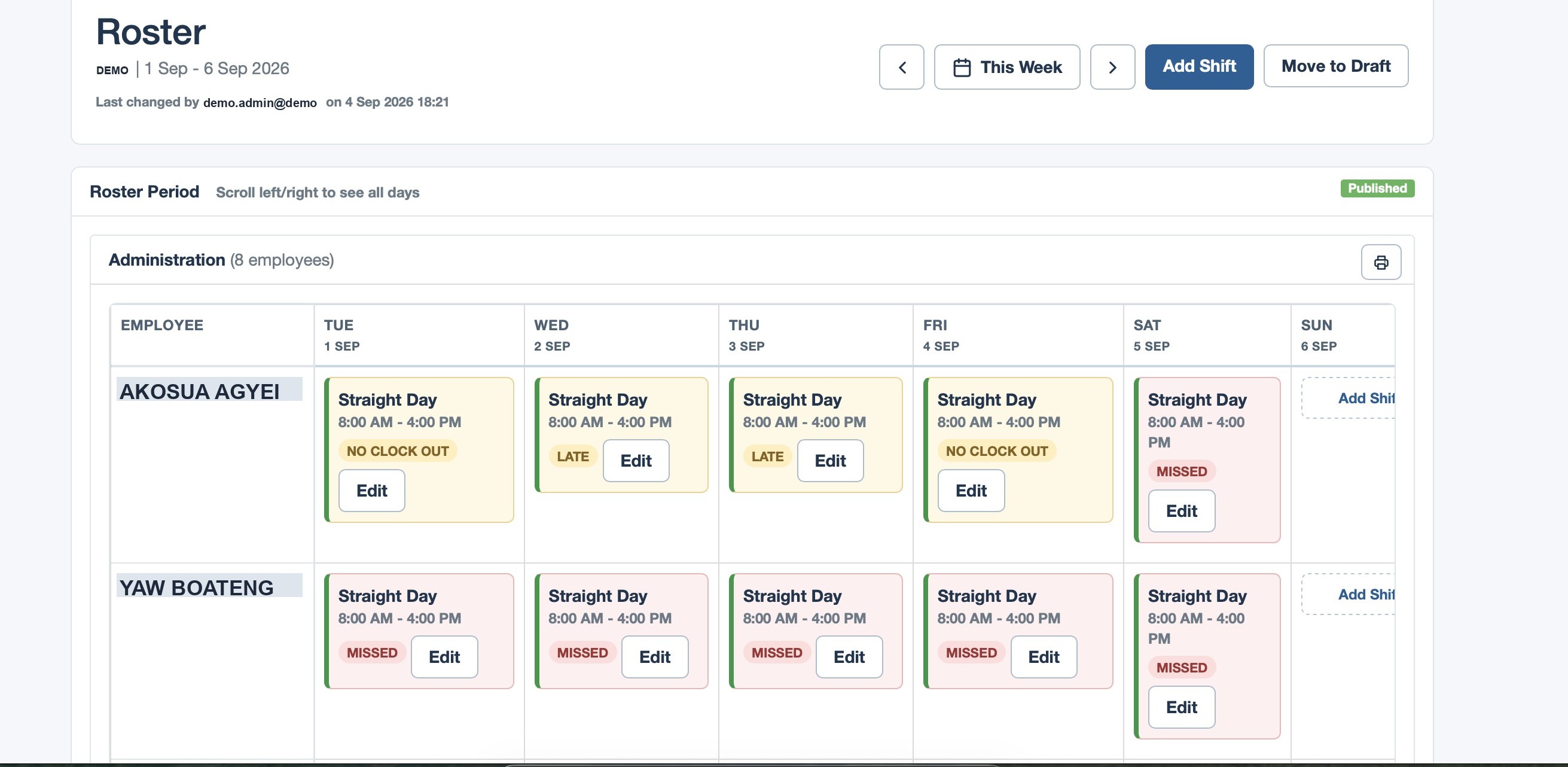 Aseda Clock In roster planning view