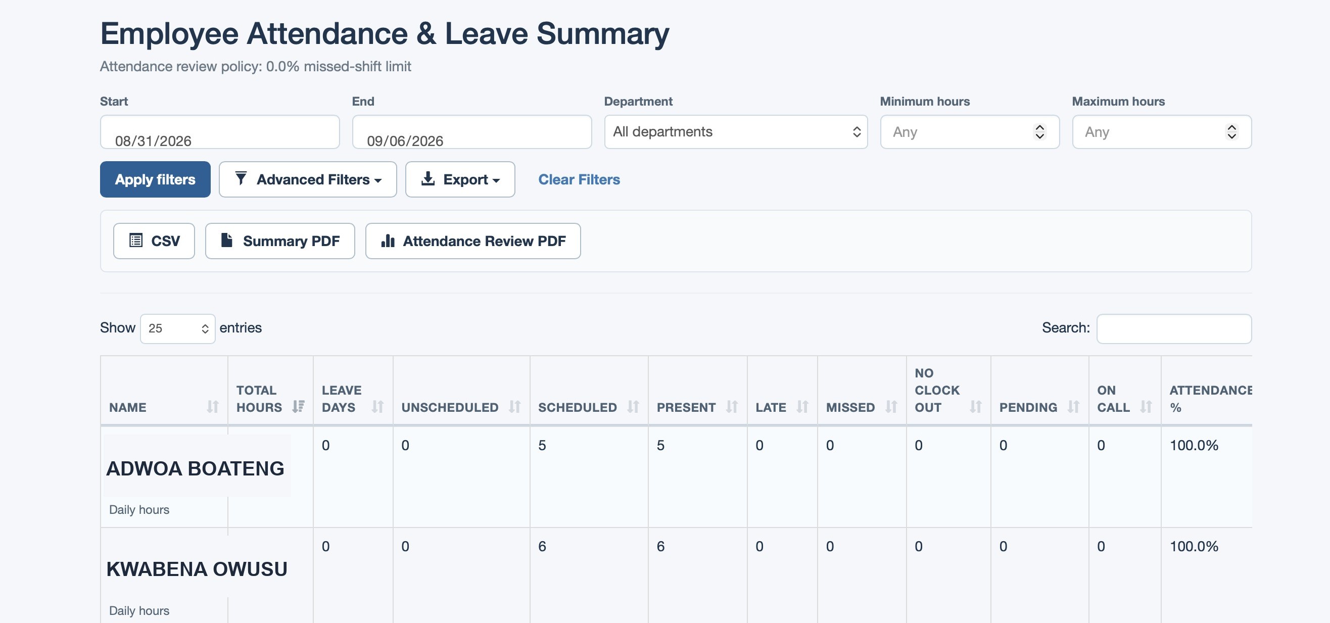 Aseda Clock In employee attendance and leave summary